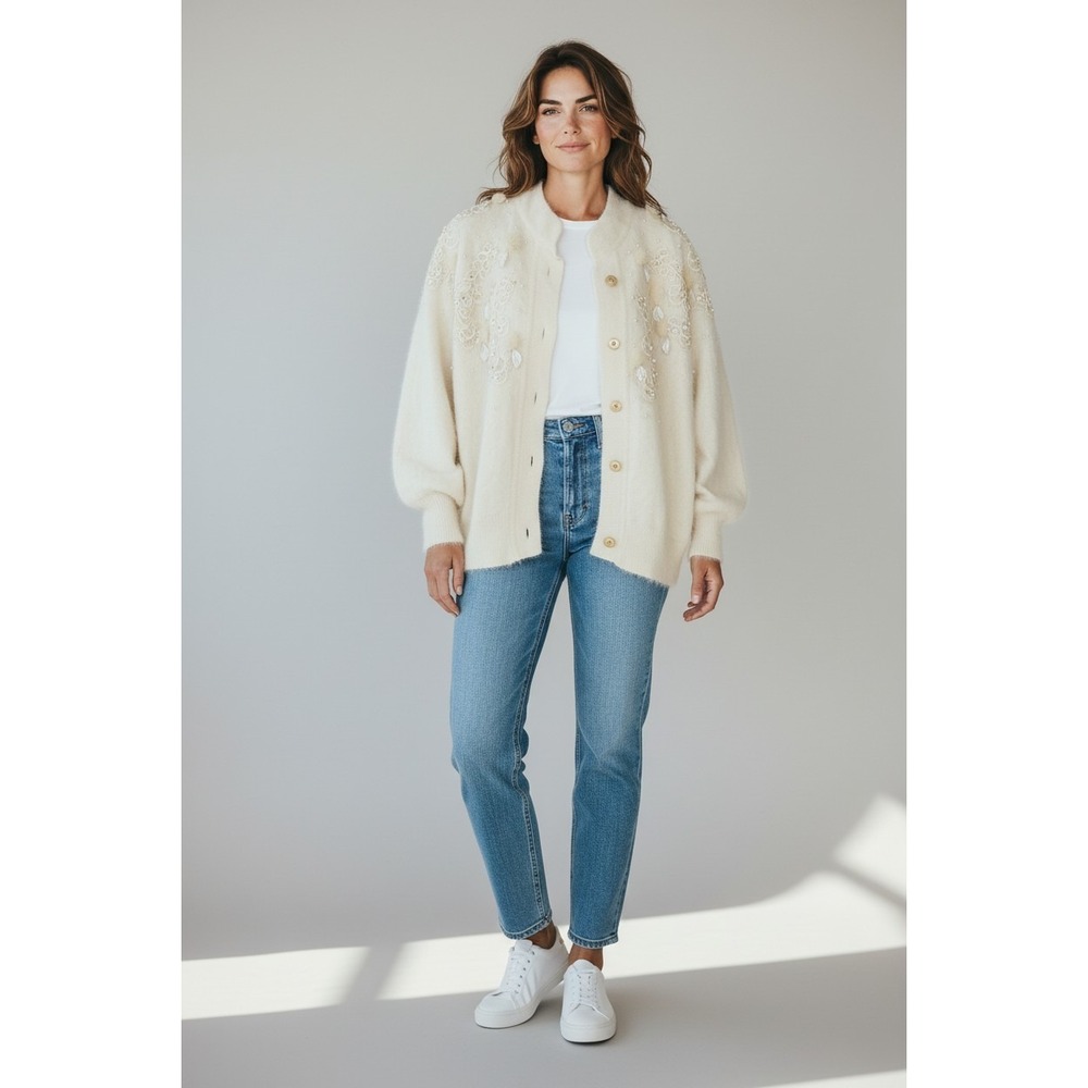 Belldini Cardigan Womens‎ S Cream Excellent Angora Rabbit Hair Lace Pearl Beaded
